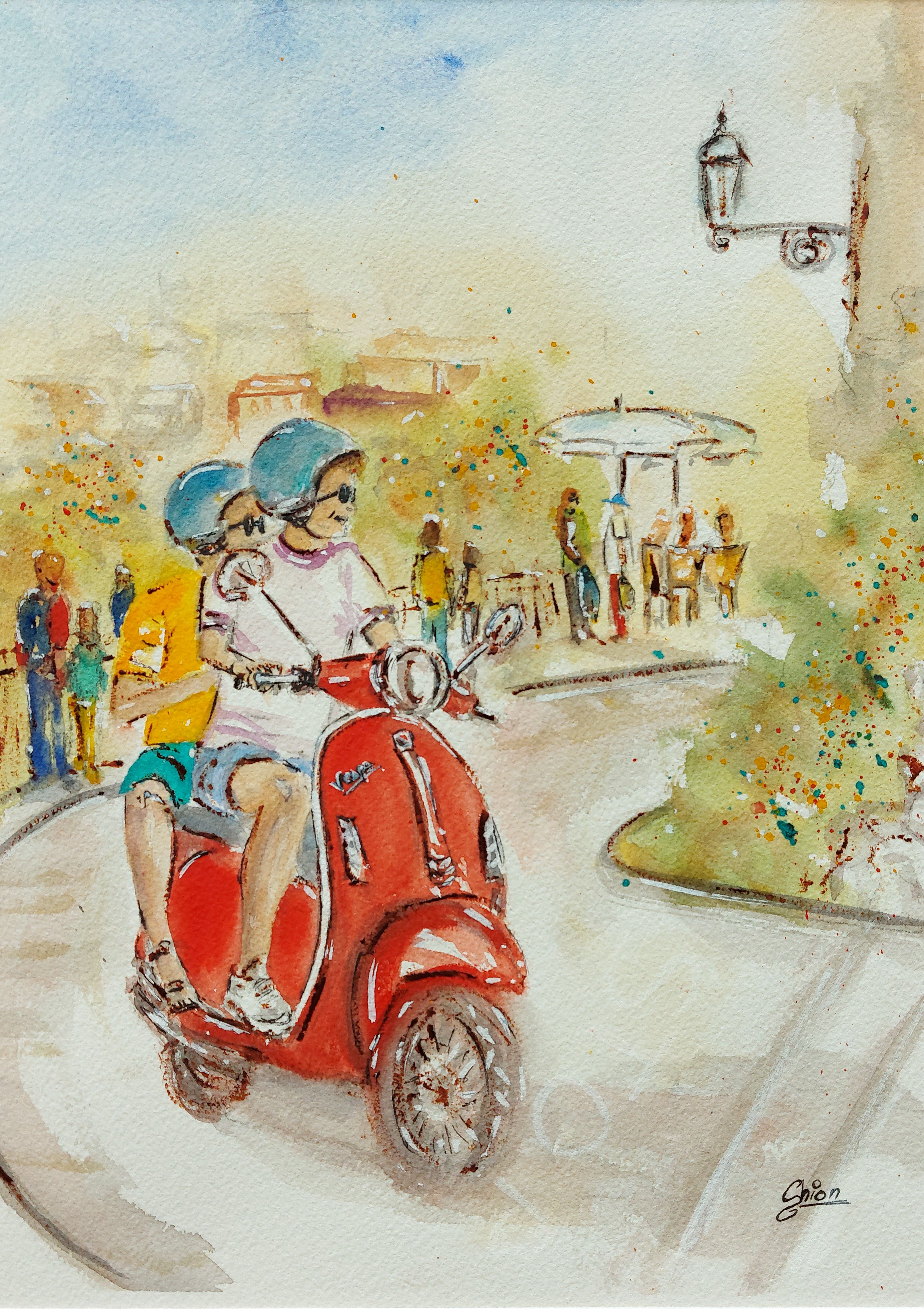Water colour pinting of two ladies on a red vespa driving through italy