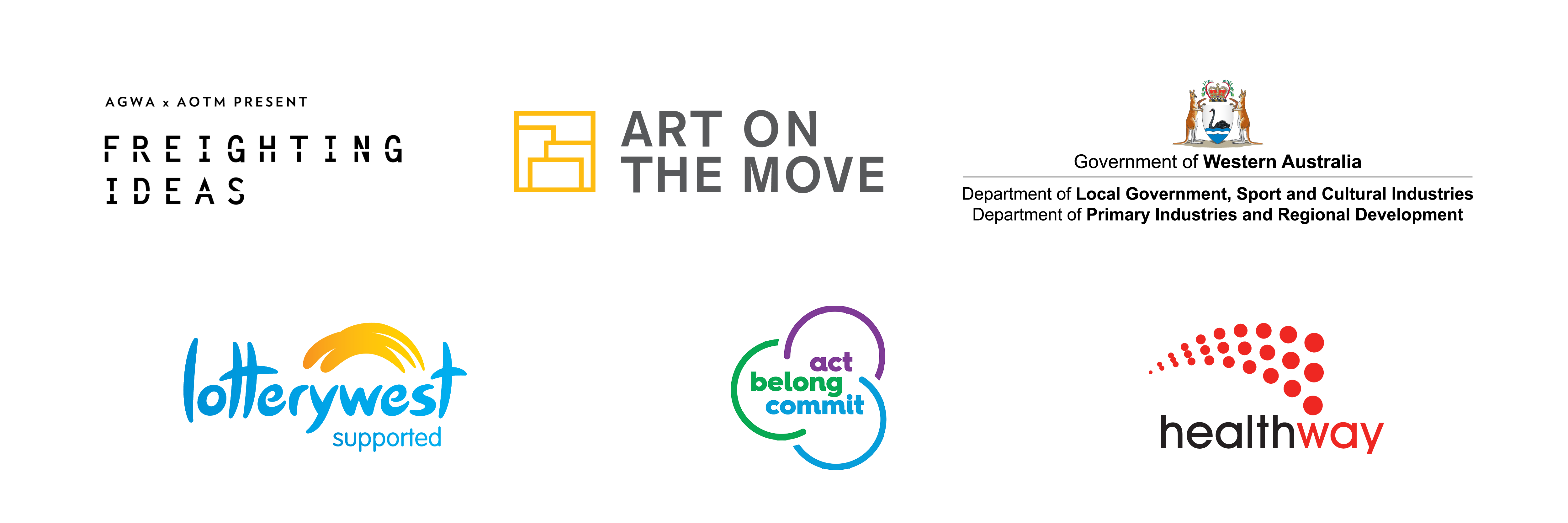 Collection of Logos: Freighting Ideas; Art on the Move; Government of WA; Lotterywest; Act BelongCommitt; Healthway