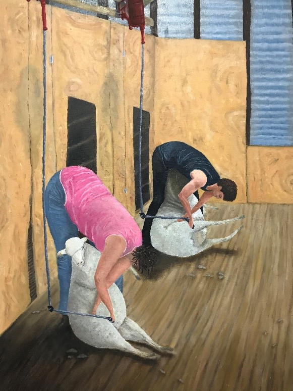 Painting two people shearing sheep