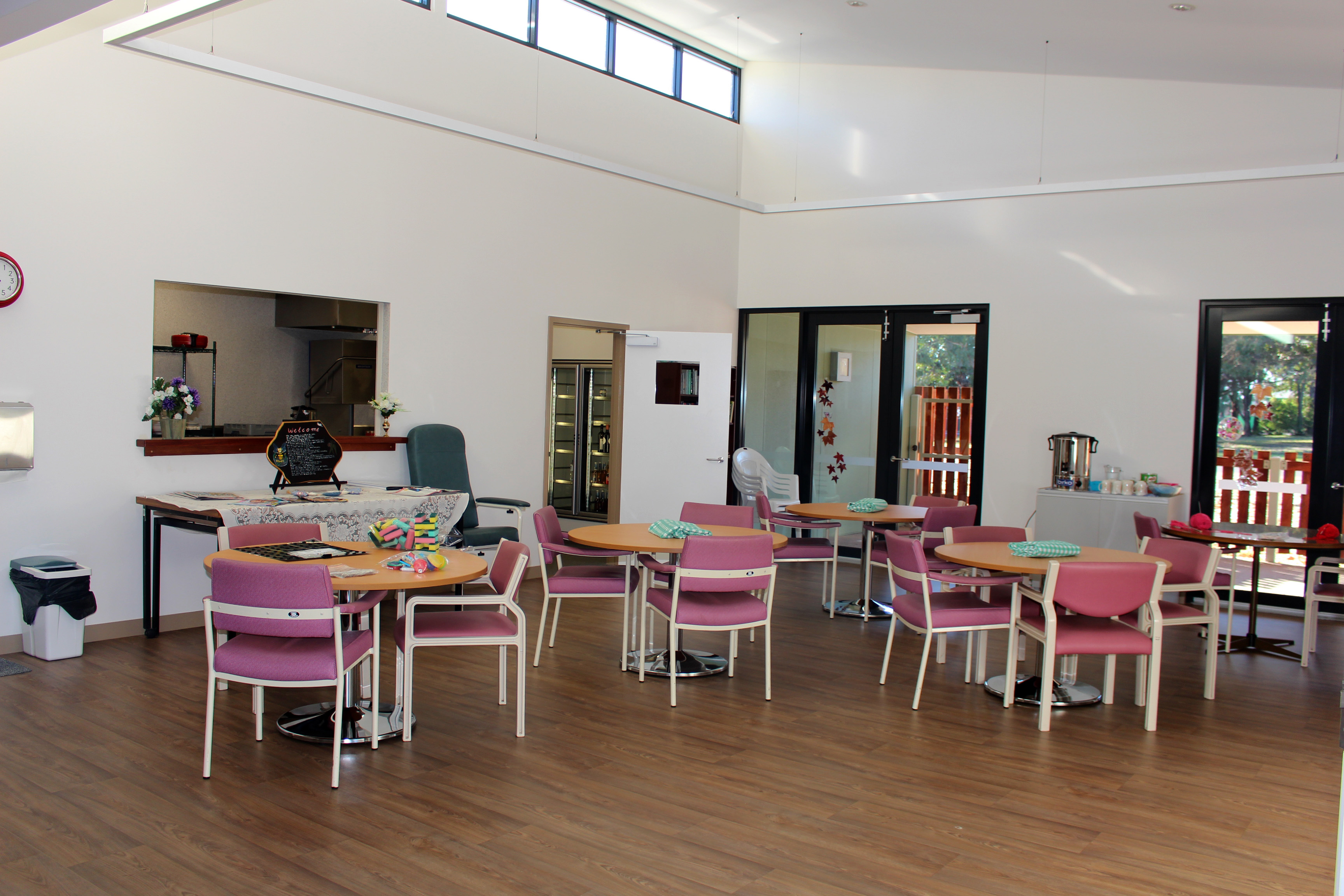 table and chairs in community room