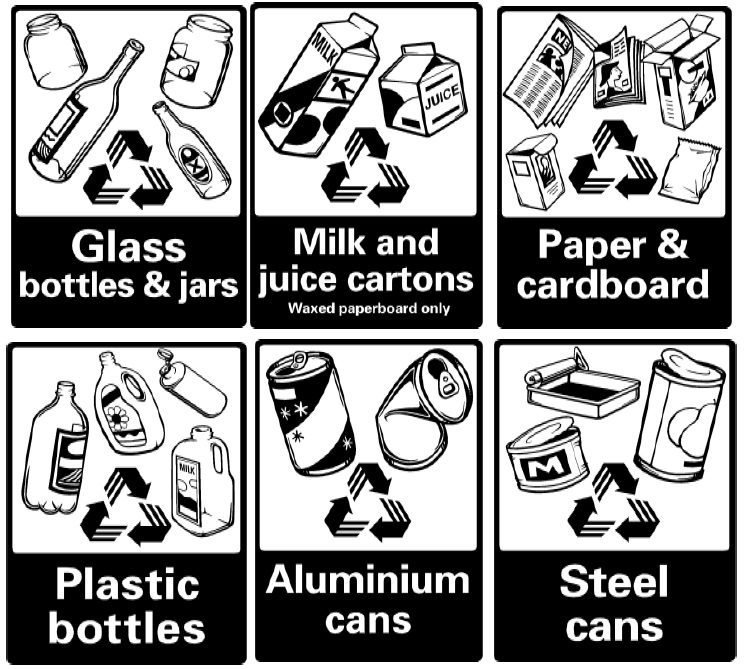 Recycle guidelines - glass, milk and jouice cartons, paper and cardboard, plastic bottles, aluminium cans, steel cans