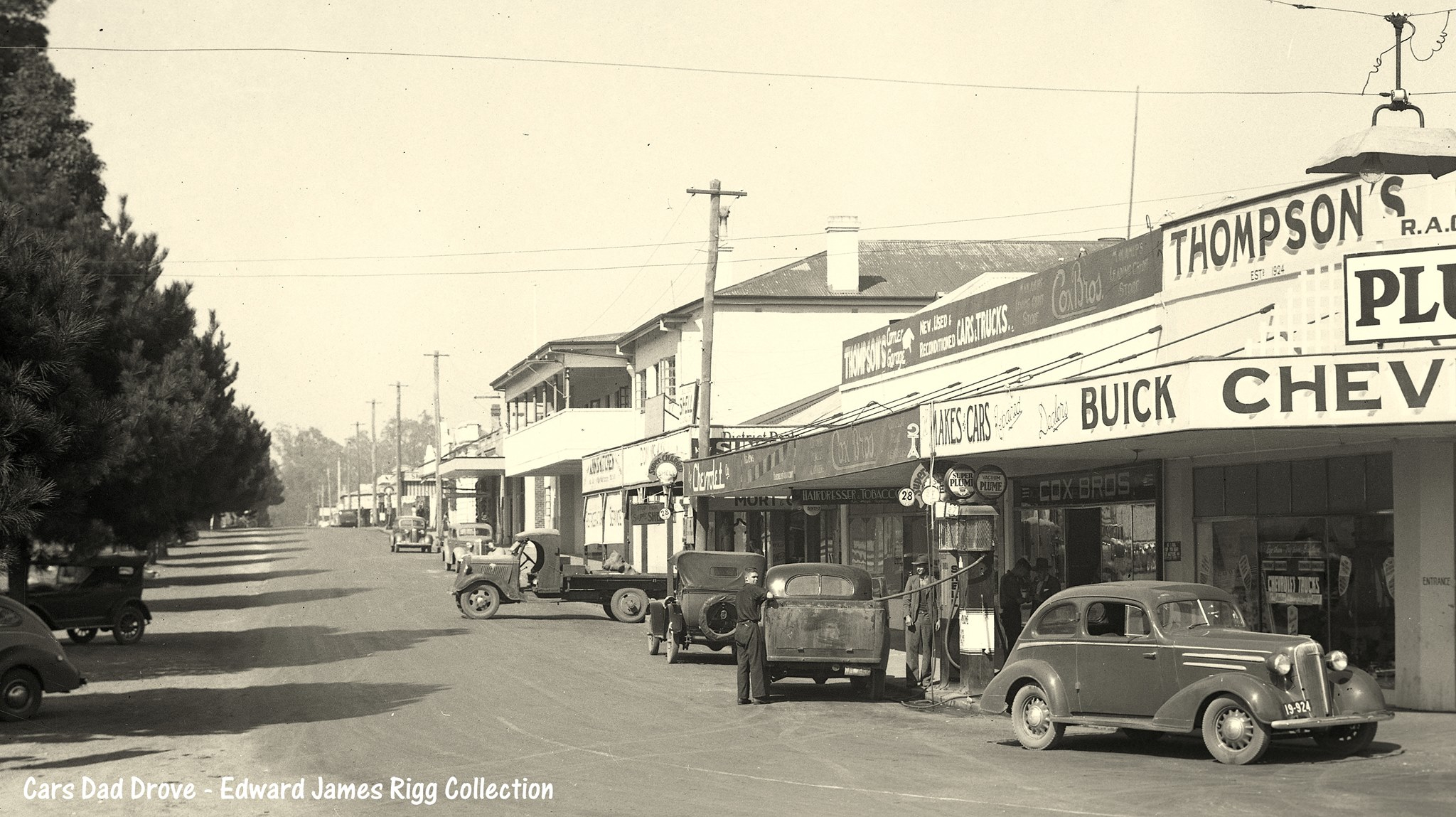 This photo is looking South along Giblett Street in Manjimup, taken from the corner of Mount Street.  Year: unknown.  Photographer: unknown.