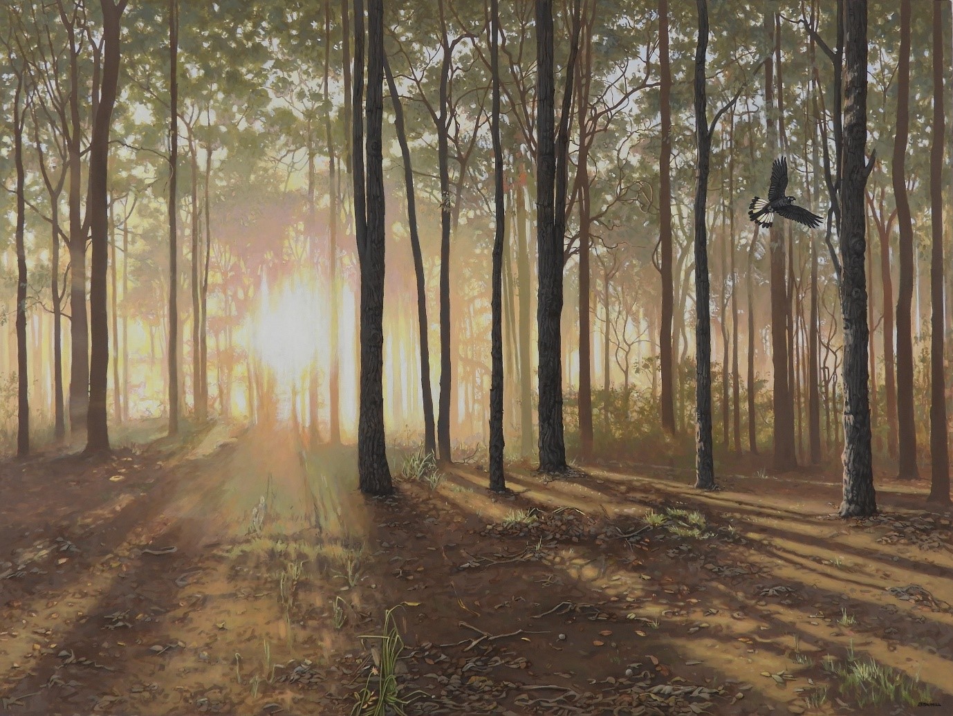 Painting tall trees and bird in sunrise