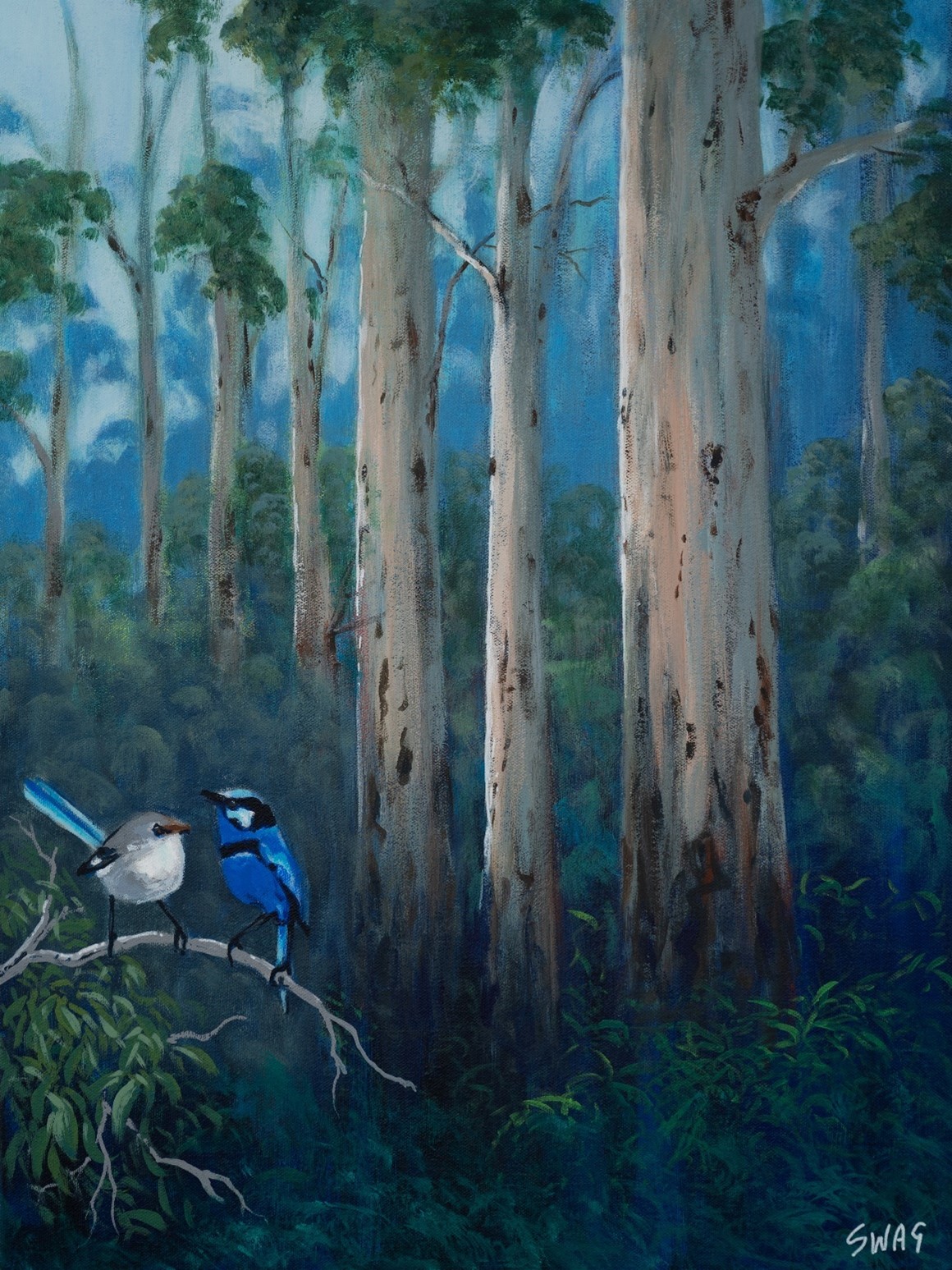 Painting of karri trees with splendid blue wren in foreground