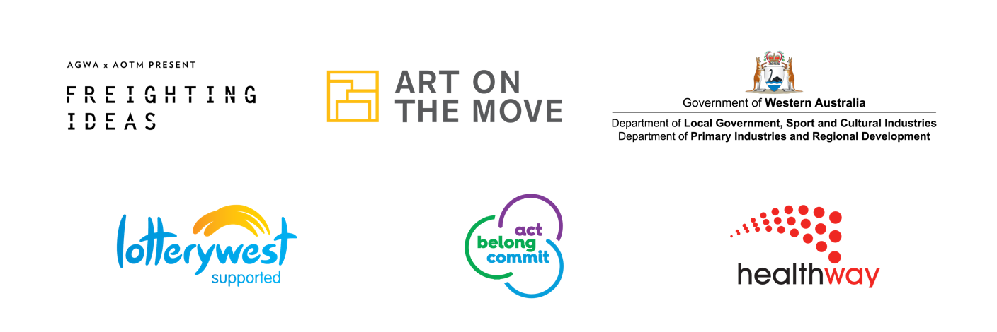 Stip of logos, Freighting Ideas, Art on the Move, Government of Western Australia, Lotterywest, Act Belong Commit, Healthway.