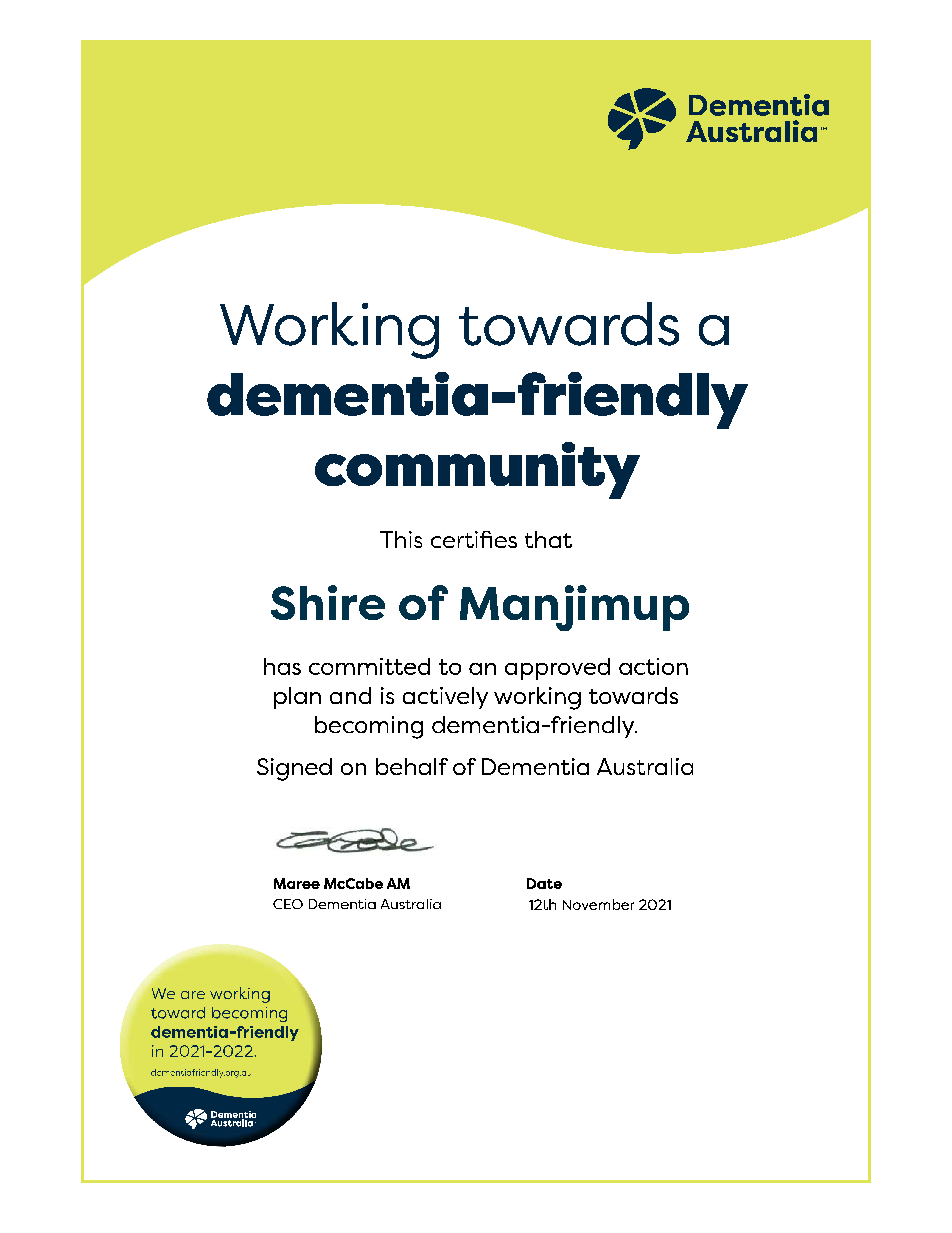 Working towards a dementia friendly community certificate