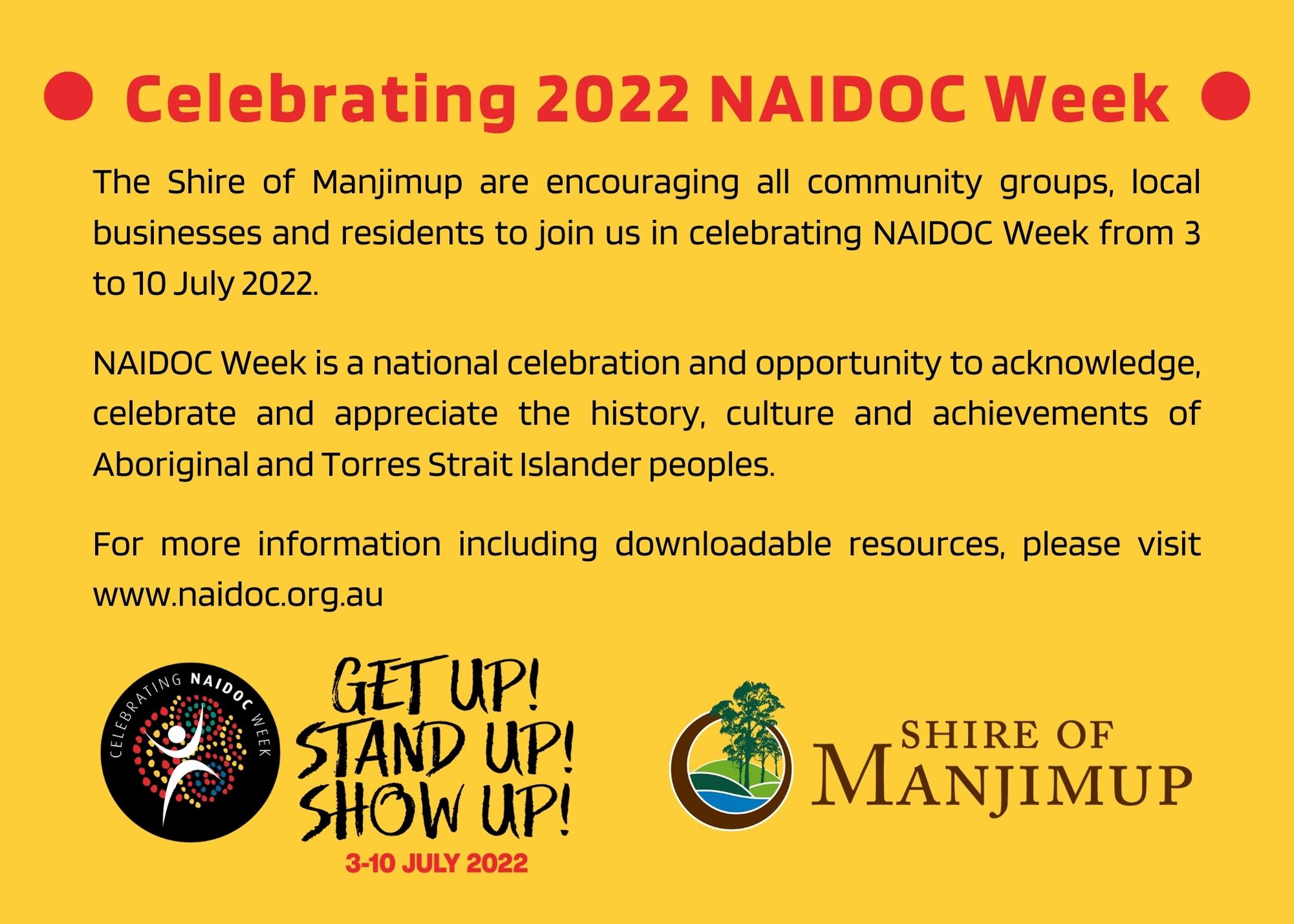 NAIDOC image requesting businesses to celebrate NAIDOC Week. Red and black on yellow background.